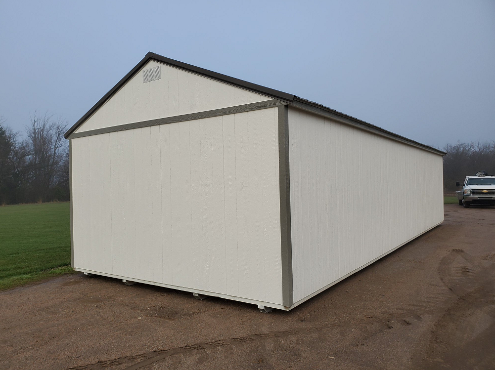 Derksen Portable Buildings 16x40 Side Cabin Sunburst Dormers Storage Shed